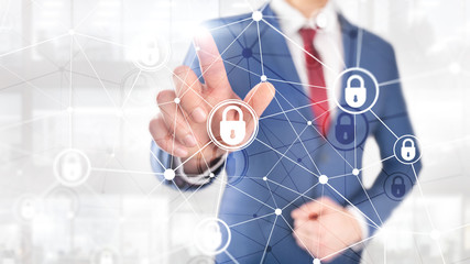 Cyber security, information privacy, data protection concept on modern server room background. Internet and digital technology concept