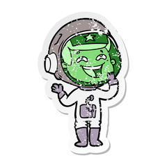 distressed sticker of a cartoon laughing astronaut