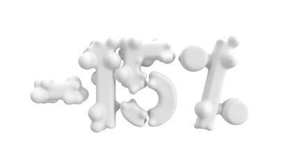 The sign -15off. Made of white material isolate on white background. 3d illustration