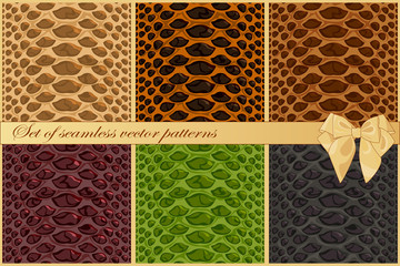 Set of snake and reptile skin vector patterns. Six fashion textures