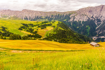Fototapeta premium Italy, Alpe di Siusi, Seiser Alm with Sassolungo Langkofel Dolomite, an old barn in a field