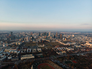 Fototapeta premium Warsaw, Poland / 06.03.2019 Skyline Sunrise Aerial Drone Sunset Shot Downtown