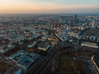Obraz premium Warszawa, Polska / 06.03.2019 Skyline Sunrise Aerial Drone Sunset Shot Downtown
