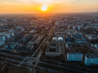 Naklejka na ściany i meble Warsaw, Poland / 06.03.2019 Skyline Sunrise Aerial Drone Sunset Shot Downtown