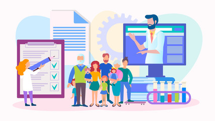 The results of medical examination and analysis online, medical consultation on the Internet, the concept of family web doctor. Vector illustration.