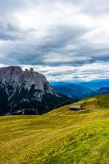 Alpe di Siusi, Seiser Alm with Sassolungo Langkofel Dolomite, a large green field with a mountain in the background