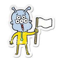 distressed sticker of a happy cartoon alien