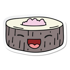 sticker of a quirky hand drawn cartoon happy sushi