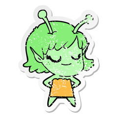 distressed sticker of a smiling alien girl cartoon