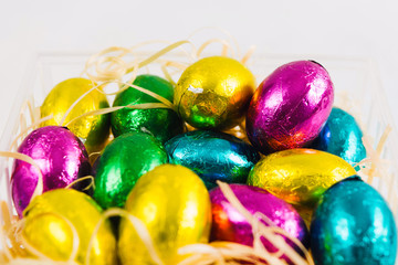 Fototapeta na wymiar Chocolate Easter eggs with closeup view, selective focus