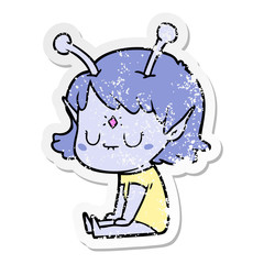 distressed sticker of a cartoon alien girl sitting