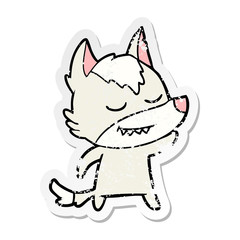 distressed sticker of a friendly cartoon wolf
