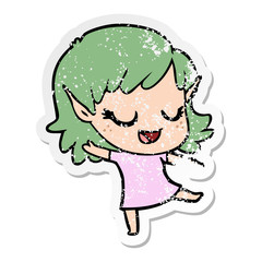 distressed sticker of a happy cartoon elf girl