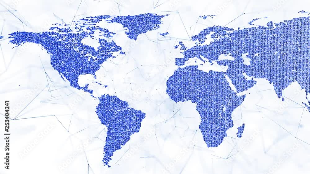 Poster digital blue 3d world map motion with computer cyberspace lines on white background.