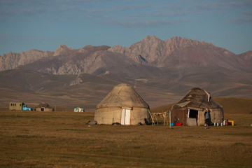 Traditional yurts at Song Kol Lake in Kyrgyzstan