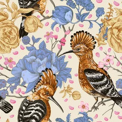 Foto auf Leinwand Vector colorful pattern with birds and flowers. Hoopoes and flowers, retro style, floral backdrop. Spring, summer flower design for web, wrapping paper, cover, textile, fabric, wallpaper, web © sunny_lion