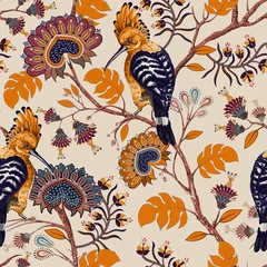 Fototapeten Vector colorful pattern with birds and flowers. Hoopoes and flowers, retro style, floral backdrop. Spring, summer flower design for web, wrapping paper, cover, textile, fabric, wallpaper © sunny_lion