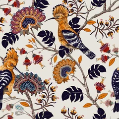 Gordijnen Vector colorful pattern with birds and flowers. Hoopoes and flowers, retro style, floral backdrop. Spring, summer flower design for web, wrapping paper, cover, textile, fabric, wallpaper © sunny_lion