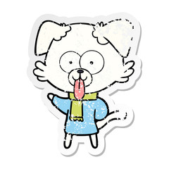 distressed sticker of a cartoon dog in winter clothes