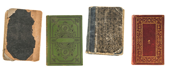 Four vintage old books isolated on white background. Old Library.