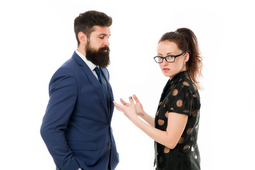 couple conflict and dispute. misunderstanding at work. discussion between businessman and woman. business conflict. argue between businessman and businesswoman. Problem solving. conflict management