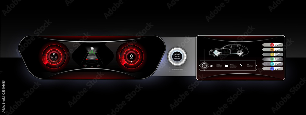 Poster the concept car instrument panel, red backlight and a additional display settings of the car. vector
