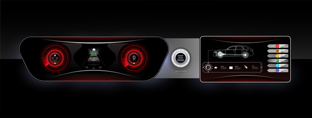 The concept car instrument panel, red backlight and a additional display settings of the car. Vector illustration.