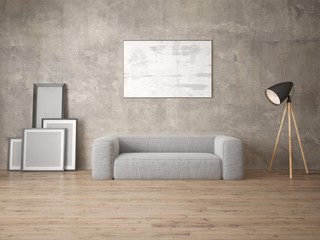  Mock up fashionable living room with a compact comfortable sofa and stylish hipster backdrop.