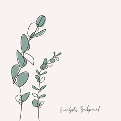 Eucalyptus silver dollar & baby blue branch continuous line drawing. One line . Hand-drawn minimalist illustration, vector. - 253407028