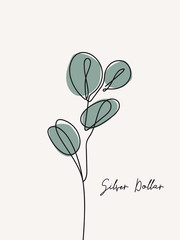 Eucalyptus silver dollar branch continuous line drawing. One line . Hand-drawn minimalist illustration, vector.