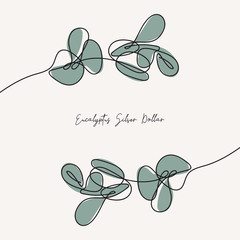 Eucalyptus silver dollar branch continuous line drawing. One line . Hand-drawn minimalist illustration, vector.