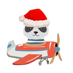 Cartoon bamboo bear, panda fly on a airplane. Image for children clothes, postcards.