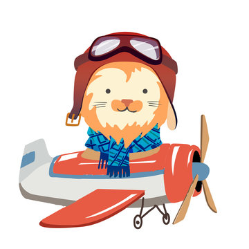 Cartoon lion fly on a airplane. Image for children clothes, postcards.