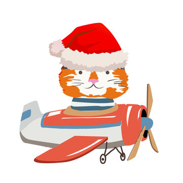 Cartoon tiger fly on a airplane. Image for children clothes, postcards.