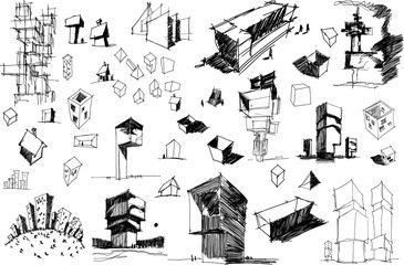 many hand drawn architectectural sketches of a modern abstract architecture nad geometric objects and urban ideas and drafts - obrazy, fototapety, plakaty