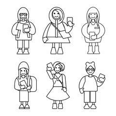 Hipster girls with smartphones. Outline icon set. Vector illustration.