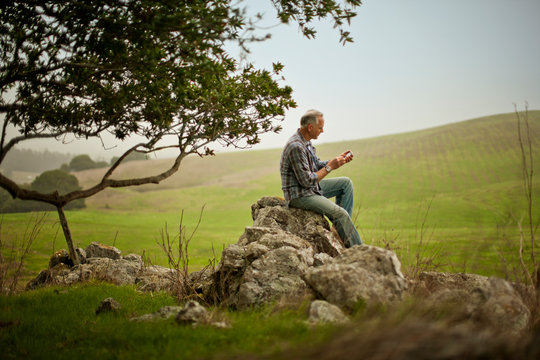 Middle aged man texting on a cell phone while sitting on a rock in a rural field.