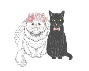 White persian cat bride in wedding veil and floral diadem and black cat groom in bow tie. Vector hand drawn animal illustration for save the date wedding party design.