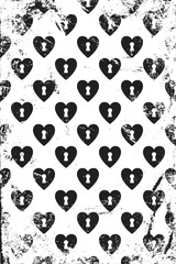 Grunge pattern with icons of keyhole hearts. Vertical black and white backdrop.
