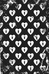 Grunge pattern with icons of keyhole hearts. Vertical black and white backdrop.