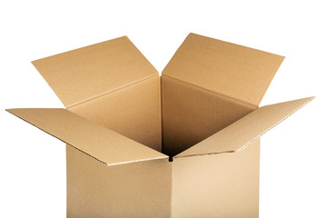 Closeup of open cardboard box isolated on white background. Crop of brown kraft cartoncorrugated box