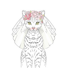 Beautiful white cat royal bride in floral wreath necklace and wedding veil. Vector hand drawn realistic cat illustration. Perfect for wedding party design.