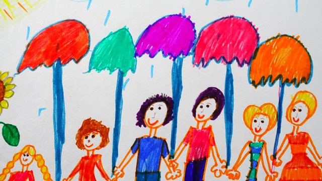 Big family with umbrellas in the rain, drawing.