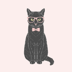 Black male cat dressed up in tie bow and glasses on pink background. Vector hand drawn fashion animal illustration.