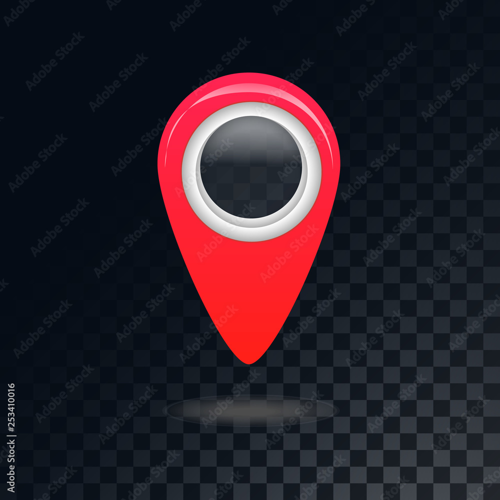 Poster red bright noticeable mark of geolocation on a translucent, dark, checkered gray background of squar