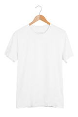 Blank white t-shirt on wooden hanger isolated on white background. White tshirt mockup template