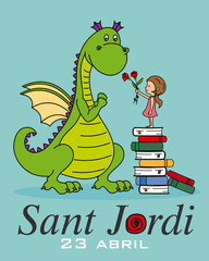 Sant Jordi. Catalonia traditional celebration. girl delivers a rose to a dragon