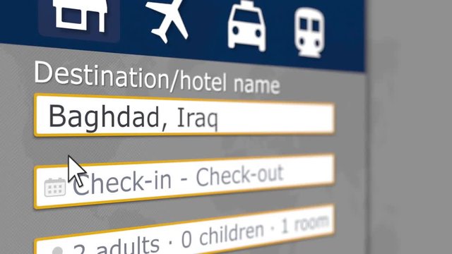 Booking hotel in Baghdad, Iraq online. Tourism related 3D animation