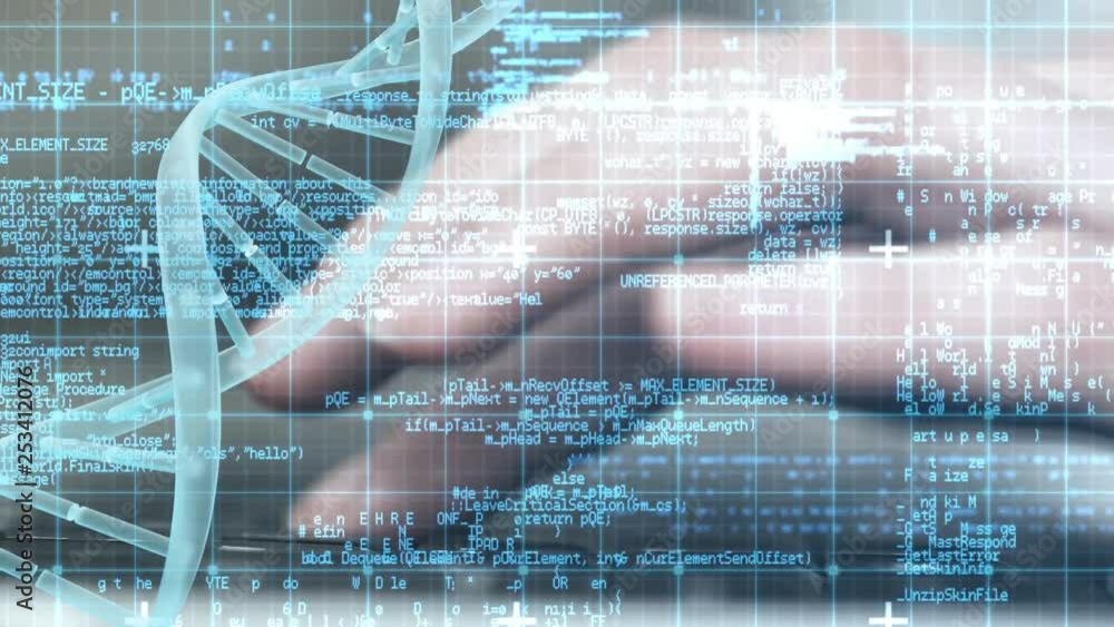 Poster hands typing on keyboard with digital code and dna