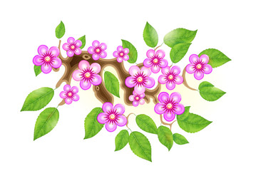 Sakura branch with flowers in anime style, cherry blossom, vector illustration. Partially animated stylistic solution in unorthodox East Asian decoration tradition. EPS 10